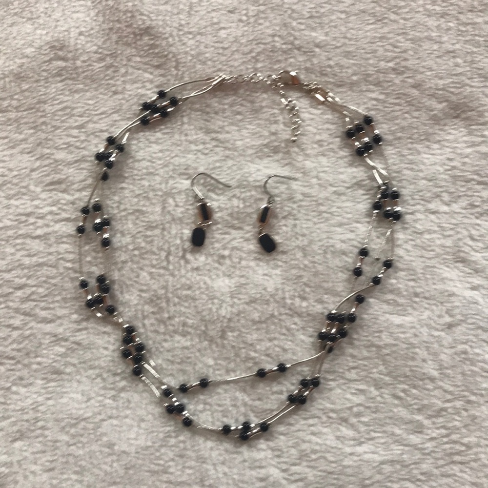 Black and silver beaded necklace and earrings